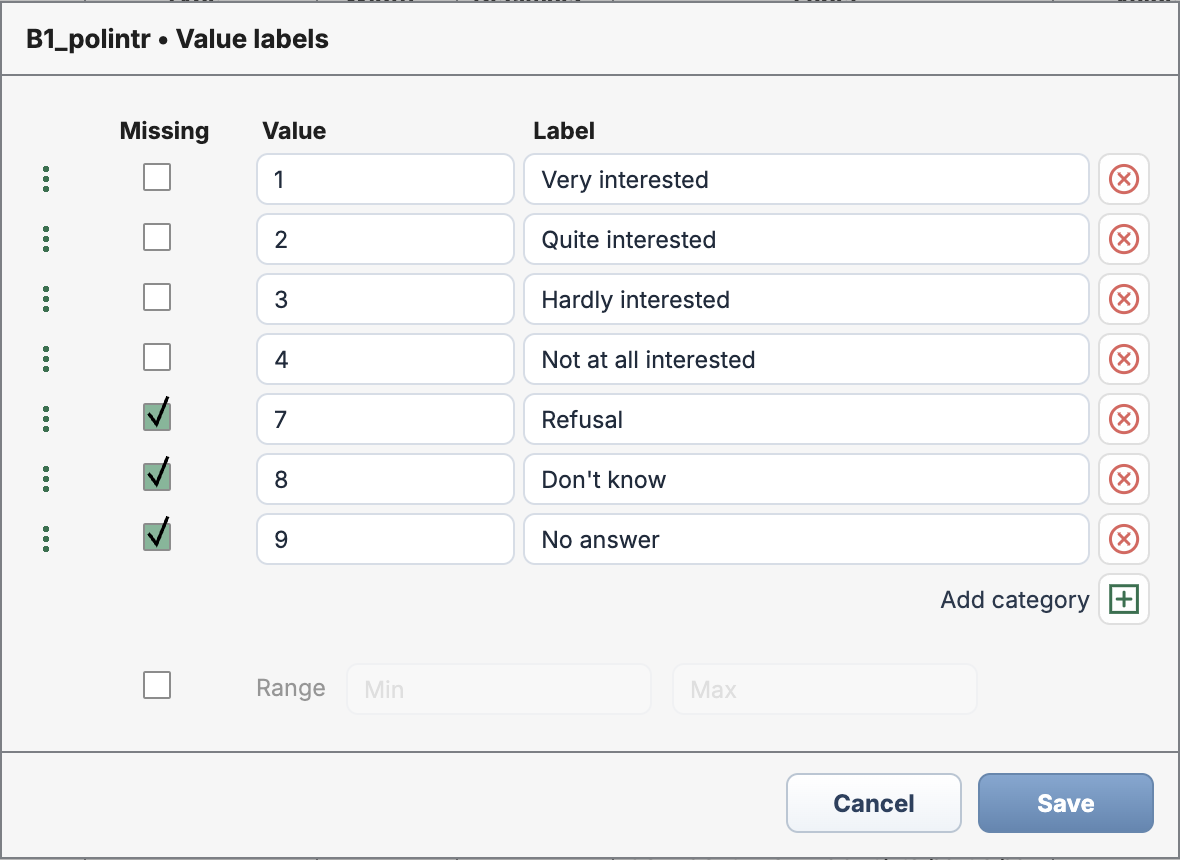 ESS political-interest value labels, with Refusal, Don’t know, and No answer marked as missing.