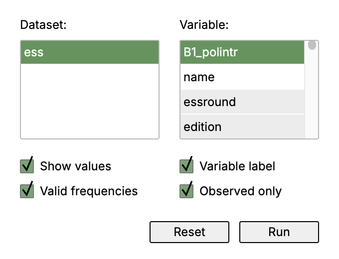 DialogR Frequency table with ess and B1_polintr selected and the Variable label option enabled.